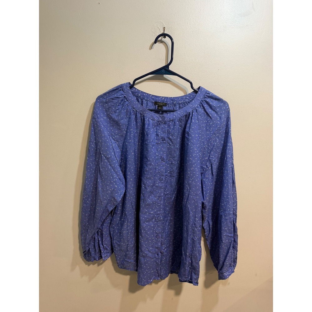 Ann Taylor‎ Factory Blue Abstract Print Button Front Blouse Top RN77379 L